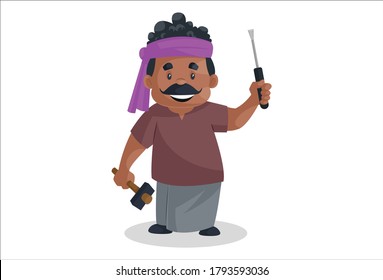 Vector graphic illustration. Truck driver is holding a screwdriver and hammer in hand. Individually on white background.