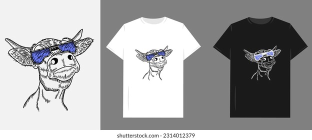 Vector graphic illustration for T-shirt. Funny line art hand drawn cow in glasses.
