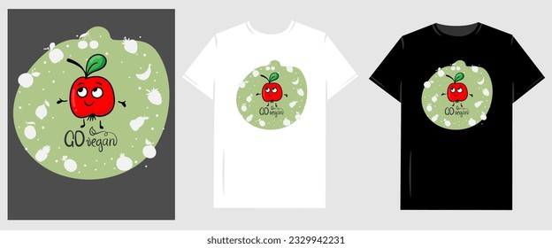 Vector graphic illustration for T-shirt. Go vegan letteing and fuuny fruit cartoon character
