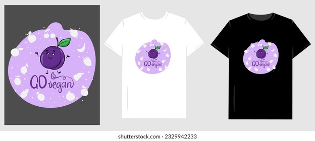 Vector graphic illustration for T-shirt. Go vegan letteing and fuuny fruit cartoon character
