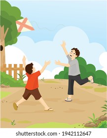 Vector Graphic Illustration Of Two Boys Fighting Over A Kite, Perfect For Poster Design About Children