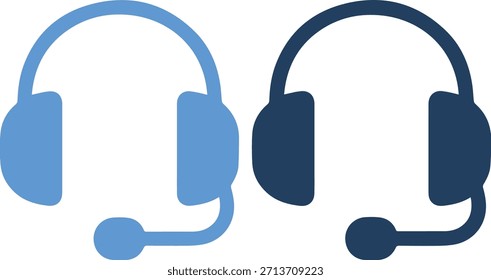 Uma ilustração gráfica vetorial de dois headsets, um azul claro e um azul escuro, lado a lado em um fundo branco puro, com elementos de design detalhados