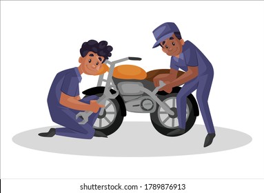 Vector graphic illustration. Two Indian mechanics are repairing the motorcycle. Individually on a white background.	