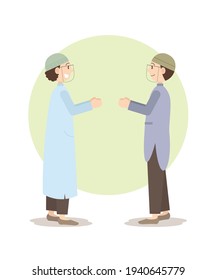 vector graphic illustration of two men keep using health protocols during Eid