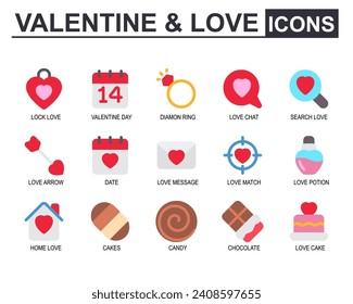 Vector graphic illustration of Valentine. Icon set in flat color style. Contains padlock, heart, calendar, fragrance, chocolate, house, arrow, cake, sweet, love, love letter. Suitable for web and app.