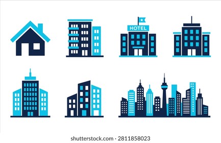 Vector graphic illustration of various city buildings and skyscrapers in shades of blue on a white background with a house and hotel among the structures depicted in a modern design style.