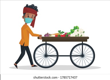 Vector graphic illustration. Vegetable seller is wearing mask and pushing the vegetable wooden cart. Individually on a white background.	