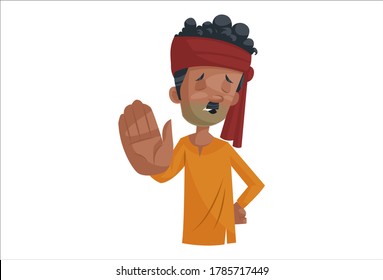 Vector graphic illustration. Vegetable seller with the stop sign. Individually on a white background.	