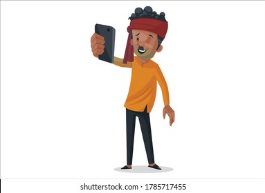 Vector graphic illustration. Vegetable seller taking a selfie with the mobile phone. Individually on a white background.	