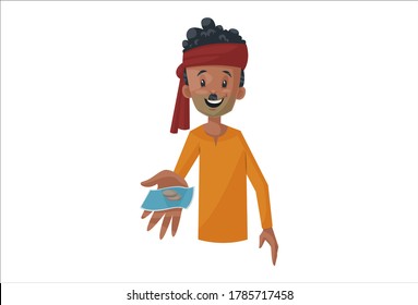 Vector graphic illustration. Vegetable seller is showing money in hand. Individually on a white background.	