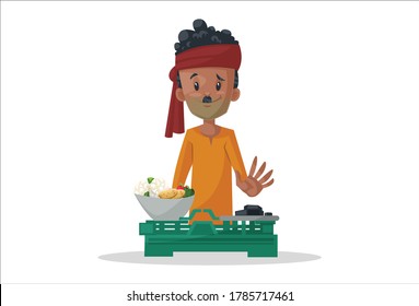 Vector graphic illustration. Vegetable seller is weighing vegetables. Individually on a white background.	