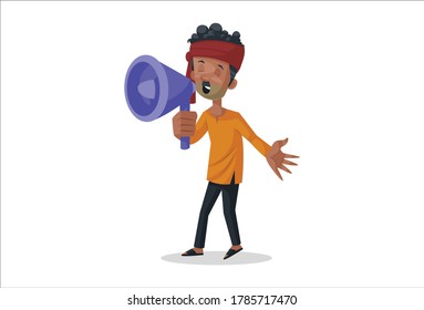 Vector graphic illustration. Vegetable seller holding a megaphone in hand. Individually on a white background.	