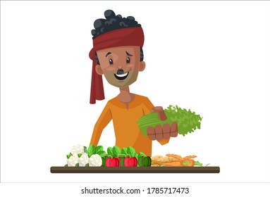Vector graphic illustration. Vegetable seller is selling vegetables. Individually on a white background.	