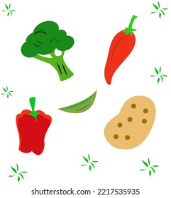 Vector graphic illustration of vegetables consisting of chilies, potatoes, mustard greens, and paprika