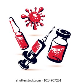 Vector graphic illustration of vial, ampoule with medicine and medical syringe for injections. Scheduled vaccination theme.