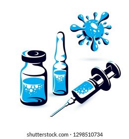 Vector graphic illustration of vial, ampoule with medicine and medical syringe for injections. Scheduled vaccination theme.
