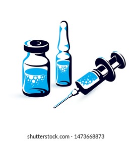 Vector graphic illustration of vial, ampoule with medicine and medical syringe for injections. Scheduled vaccination theme.