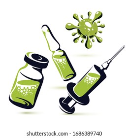 Ilustración vectorial del vial, ampolla con medicamento y jeringa médica para inyección. Tema de vacunación programado.