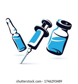 Vector graphic illustration of vial, ampoule with medicine and medical syringe for injections. Scheduled vaccination theme.