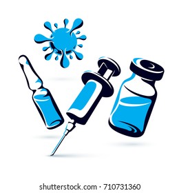 Vector graphic illustration of vial, ampoule with medicine and medical syringe for injections. Scheduled vaccination theme.