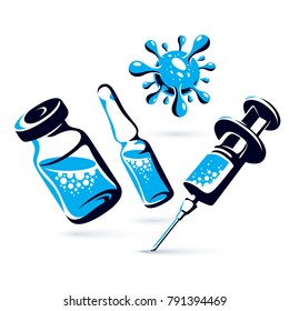 Vector graphic illustration of vial, ampoule with medicine and medical syringe for injections. Scheduled vaccination theme.
