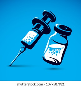 Vector graphic illustration of vial and medical syringe for injections. Children scheduled vaccination theme