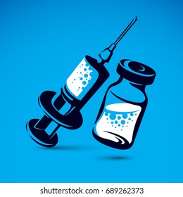 Vector graphic illustration of vial and medical syringe for injections. Children scheduled vaccination theme