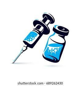 Vector graphic illustration of vial and medical syringe for injections. Children scheduled vaccination theme