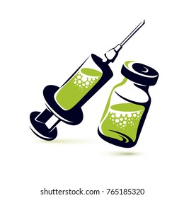 Vector graphic illustration of vial and medical syringe for injections. Children scheduled vaccination theme