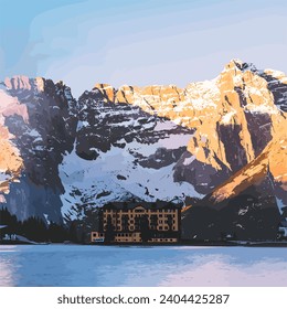 Ilustración gráfica vectorial de la vista de una casa bajo los pies de un iceberg iluminado por el sol en estilo acuarela. 