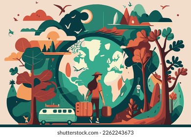 vector graphic illustration of wanderlust with a natural background 
