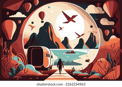 vector graphic illustration of wanderlust with a natural background 