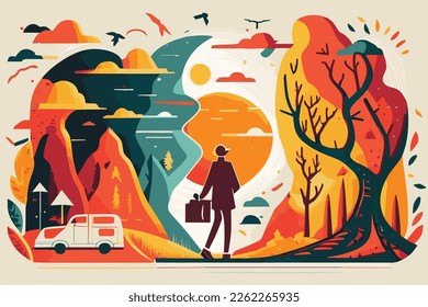 vector graphic illustration of wanderlust with a natural background 