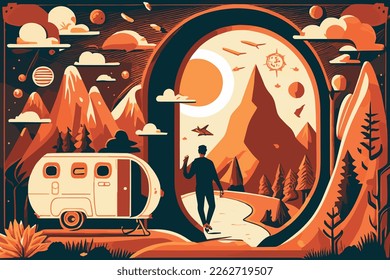 vector graphic illustration of wanderlust with a natural background 