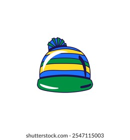 Vector graphic illustration of warm winter hat with pompon in cartoon style. Headwear for cold season. The icon is perfect for web design, decorative elements, print, stickers, or social media. The