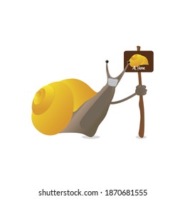 Ilustración gráfica vectorial de un caracol con máscara, portando un cartel en casa. Adecuado para el diseño de fondo del sitio web, diseño de banners, juguetes de nieve, juguetes para niños, banner de tienda de juguetes, organización social, etc