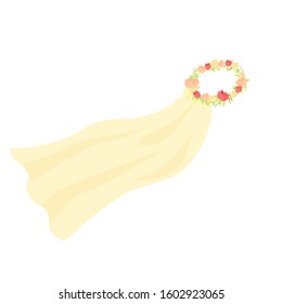 Vector Graphic Illustration Of Wedding Bridal Veil With Flower Crown Wreath. Cartoon Marriage Traditional Accessory Bachelorette Party Concept Isolated On White Background