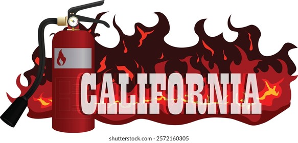 Vector graphic illustration of wildfire in the state of California, USA. California writing with a background of burning fire and additional fire extinguishers.