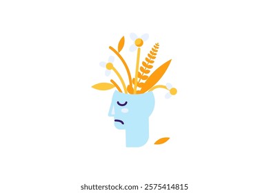 Vector graphic illustration of wilted nosegay blooming out from head in solid cartoon style. Depressed or sad state of mind. Nostalgia. Psychology and mood icon. Florist or flower shop. The icon is pe