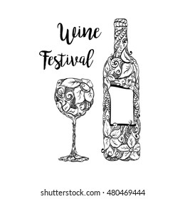 vector Graphic illustration of wine bottle and wineglass. Doodle design. Wine Festival. hand drawn.