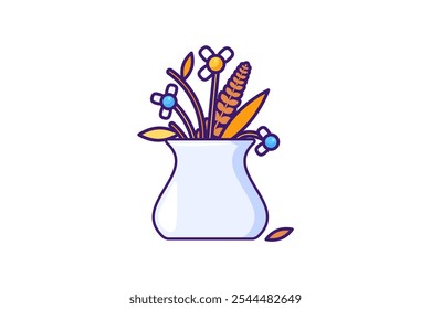 Ilustración gráfica de Vector de flores marchitas en un jarrón en un estilo de dibujos animados de contorno vibrante. Decoración de otoño. Naturaleza fugaz de belleza, tristeza o nostalgia. Brillante temporada otoñal. Psicología