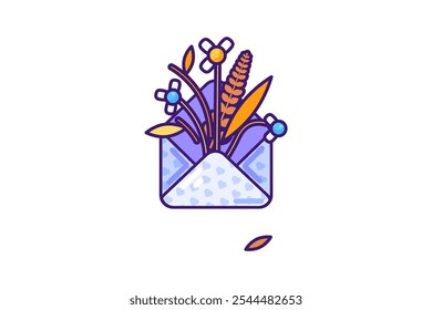 Vector ilustración gráfica de flores marchitas en un sobre en un estilo de dibujos animados de contorno vibrante. Flores silvestres de otoño. Mensaje del pasado. Naturaleza fugaz de belleza, tristeza o nostalgia. Brillante