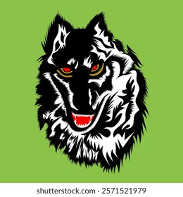 Vector graphic illustration of a wolf head with a fierce expression on a green background. Ideal for concept and branding designs.