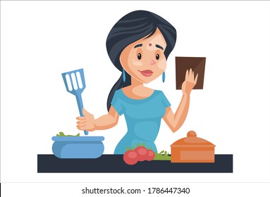 Vector graphic illustration. Woman is making food in the kitchen. Individually on a white background.	