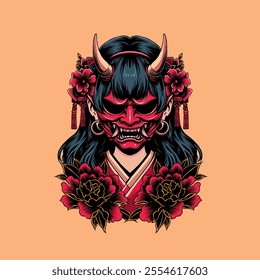 Vector graphic illustration of woman using oni mask