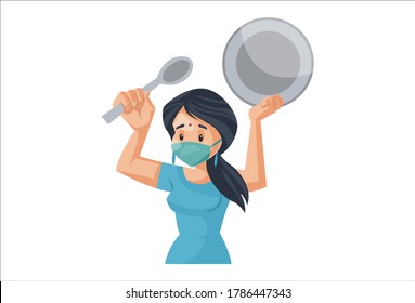 Vector graphic illustration. Woman is wearing a surgical mask and holding a plate and spoon in hand. Individually on a white background.	