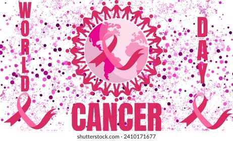 Vector graphic Illustration of World Cancer Day with symbol cancer, human cancer cartoon, globe and pink glitter.