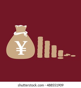 Vector graphic illustration of yen coins and yen sack - Reduced profit concept