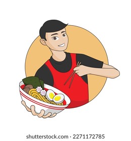 Vector graphic illustration of a young chef carrying ramen and chopsticks, can be used as logo and mascot