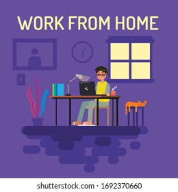 Vector Graphic Illustration of Young Man Working In The Late Night, Young Man Work From Home, Work From Home Illustration